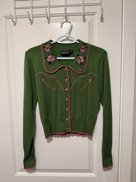 Voodoo Vixen Tops - Voodoo Vixen Green Cardigan with Pink Rose Embroidery